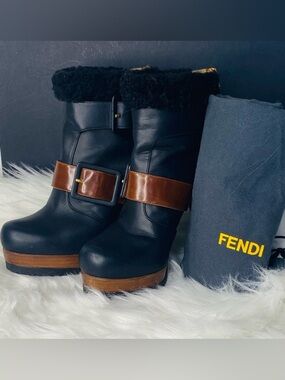 FENDI Moorland Authentic Black & Brown Leather Platform Ankle Boots Size 37